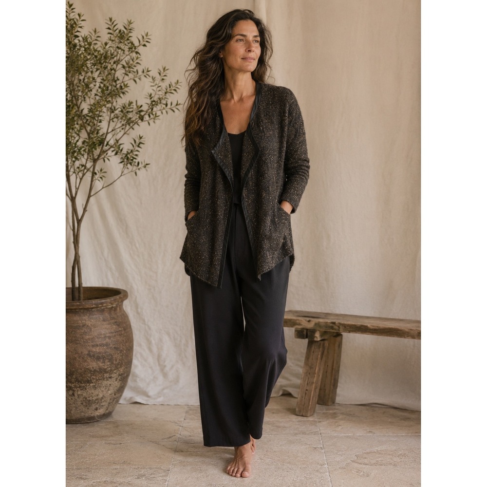 Eileen Fisher Cardigan Women L Leather Trim Mohair Blend Metallic Open Front